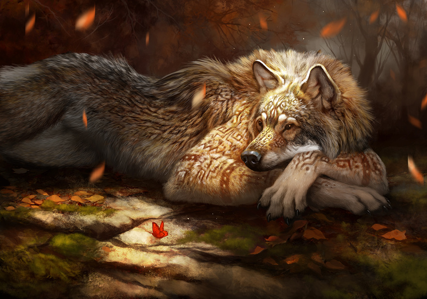 ailah ambient_butterfly ambiguous_gender anthro autumn brown_fur canine claws dead_tree detailed_background falling_leaves fur leaves lying mammal moss nude orange_theme outside relaxing solo tattoo wolf yellow_eyes