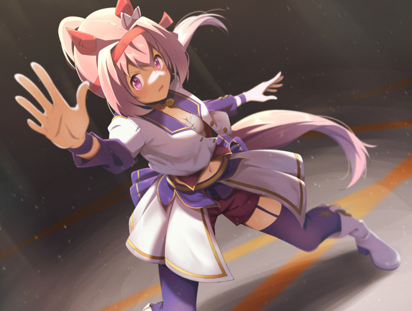 1girl animal_ears blush bodice boots bow breasts choker commentary_request corset cropped_jacket ear_bow ear_covers flower-shaped_pupils flower_in_eye garter_straps hairband haru_urara_(umamusume) headband highres horse_ears horse_girl horse_tail jacket long_hair medium_breasts midriff mixed-language_commentary motsutoko navel open_mouth overskirt pendant_choker pink_eyes pink_hair pink_headband ponytail purple_choker purple_garter_straps purple_thighhighs red_headband red_shorts shirt shorts solo star_(symbol) starting_future_(umamusume) symbol-shaped_pupils symbol_in_eye tail thighhighs umamusume white_boots white_jacket wristband