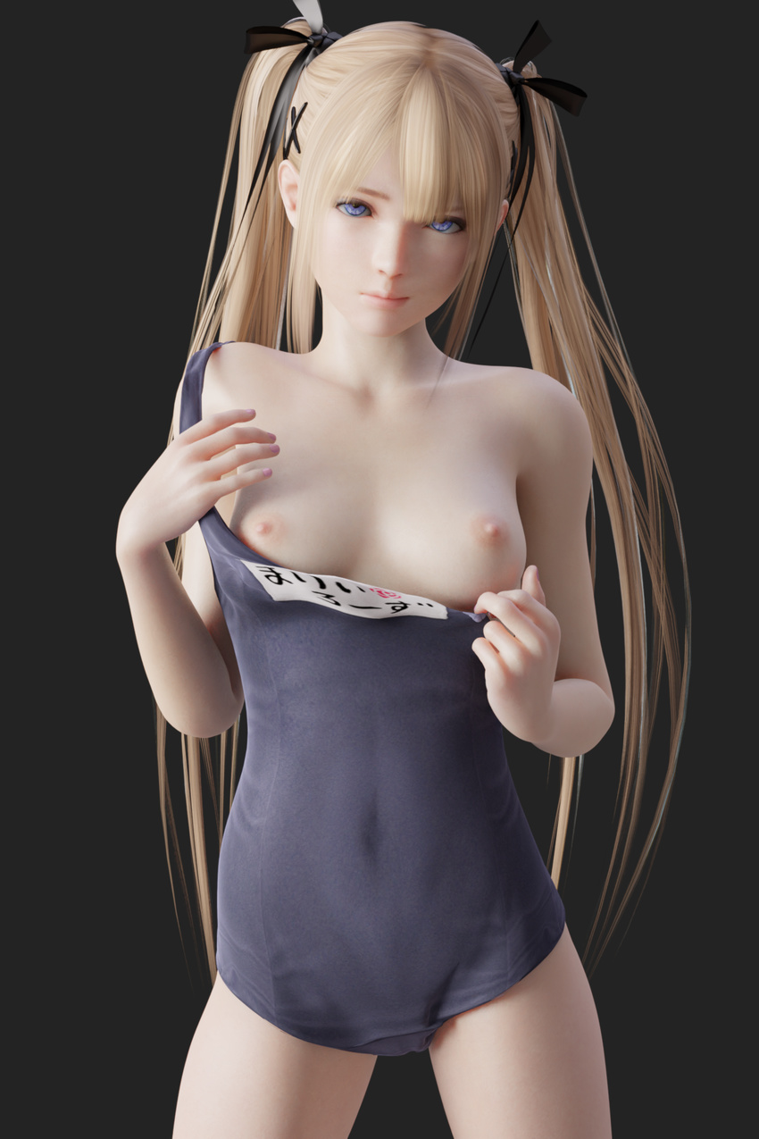 3d areolae bare_shoulders black_ribbon blender_(medium) blonde_hair blue_eyes breasts character_name collarbone commentary dead_or_alive dead_or_alive_5 english_commentary grey_background hair_ribbon highres kaiser_frey long_hair looking_at_viewer marie_rose nail_polish nipples one-piece_swimsuit pink_nails ribbon school_swimsuit simple_background small_breasts solo swimsuit swimsuit_pull twintails upper_body xnalara