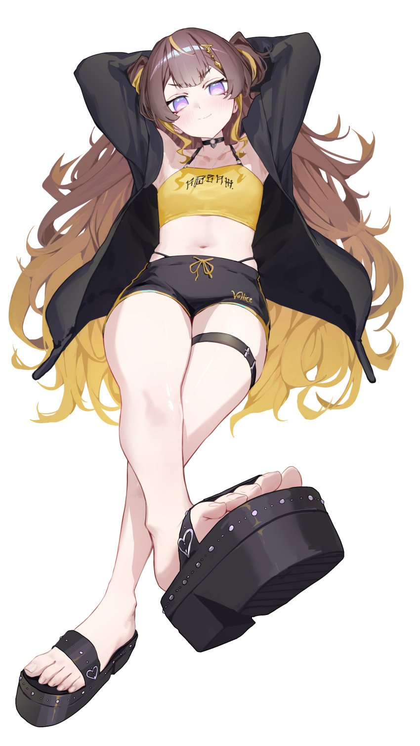 1girl absurdres anya_melfissa armpits arms_behind_head blonde_hair brown_hair choker crop_top feet flat_chest foreshortening full_body gradient_hair highres hololive hololive_indonesia jacket long_hair midriff multicolored_hair navel purple_eyes sandals second-party_source shorts simple_background smile solo thigh_strap toes very_long_hair virtual_youtuber white_background yoellim5