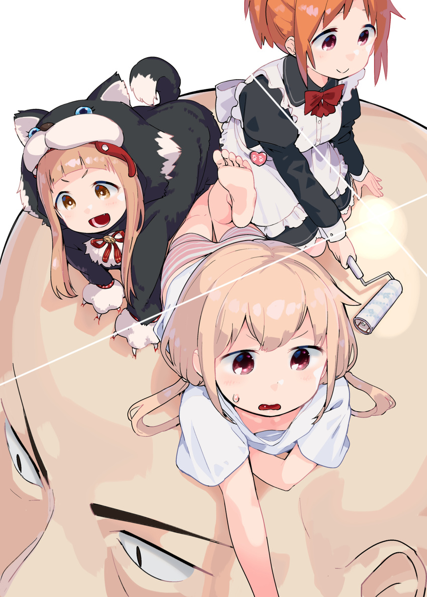 3girls :d abe_nana all_fours animal_costume apron back_bow bald bangs black_dress black_eyes blonde_hair blood blush bow brown_eyes brown_hair cat_costume claws closed_mouth commentary_request downblouse dress flat_chest frilled_apron frills futaba_anzu highres holding ichihara_nina idolmaster idolmaster_cinderella_girls large_bow long_sleeves looking_at_viewer lying maid_apron mizu_asato multiple_girls on_head on_stomach open_mouth pink_hair pink_shorts producer_(idolmaster_cinderella_girls_anime) red_bow red_neckwear red_ribbon ribbon rolling_pin sharp_claws shiny shiny_skin shirt short_hair short_sleeves shorts simple_background sitting smile striped striped_bow striped_shorts v-shaped_eyebrows waist_apron white_apron white_background white_shirt