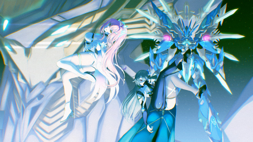2girls absurdres asymmetrical_clothes breasts commentary crossover exostrider_(wuthering_waves) gloves green_hair grey_thighhighs hand_up highres honkai_(series) honkai_impact_3rd long_hair mecha medium_breasts multiple_girls pink_hair ponytail robot rraiden2_(szsv8382) single_glove single_pantsleg single_thighhigh starjumper_(mecha) thighhighs vita_(honkai_impact) vita_(lone_planetfarer)_(honkai_impact) white_gloves wuthering_waves