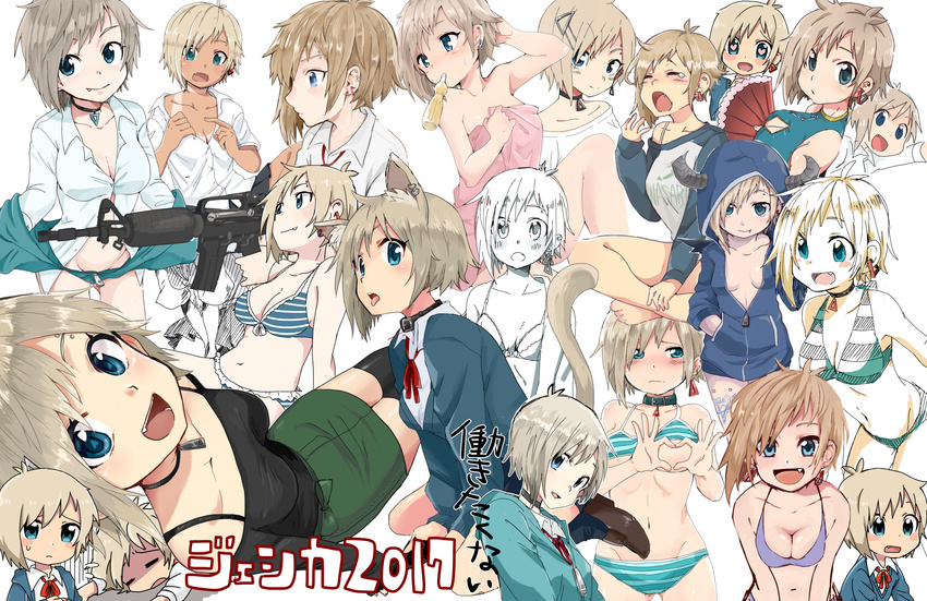 :d :o animal_ears aqua_bikini aqua_jacket arm_at_side arm_support arm_up assault_rifle bad_id bad_pixiv_id bangs bikini bikini_tan black_choker black_collar black_legwear black_shirt blue_eyes blue_jacket blush blush_stickers bow bow_bra bra breasts brown_hair choker choker_tan cleavage cleavage_cutout closed_eyes closed_mouth clothes_around_waist clothes_writing collage collared_shirt commentary_request convenient_censoring cowboy_shot ear_piercing eyebrow_piercing fan fang fox_ears frilled_bikini frills from_side frown green_skirt groin gun hair_ornament hair_over_one_eye hairclip hand_in_pocket heart heart-shaped_boob_challenge heart-shaped_pupils heart_hands highres holding holding_fan holding_gun holding_jacket holding_weapon hood hooded_jacket horned_hood impossible_clothes impossible_shirt jacket jacket_around_waist jessica_(roku_kyuu) jewelry leaning_forward light_brown_hair long_sleeves looking_at_viewer looking_to_the_side m4_carbine medium_breasts mouth_hold multiple_views naked_towel navel neck_ribbon off-shoulder_shirt open_eyes open_mouth original paper_fan partially_unbuttoned pencil_skirt pendant piercing pink_towel pointing profile pulled_by_self purple_bikini raglan_sleeves ramune red_ribbon ribbon rifle roku_kyuu shirt short_hair sideboob simple_background skirt sleeves_past_wrists small_breasts smile spaghetti_strap stanag_magazine standing stomach striped striped_bikini sweatdrop swimsuit symbol-shaped_pupils t-shirt tan tanline tears thighhighs tight_shirt tongue tongue_out towel underwear unzipped upper_body weapon white_background white_shirt wing_collar zettai_ryouiki zipper