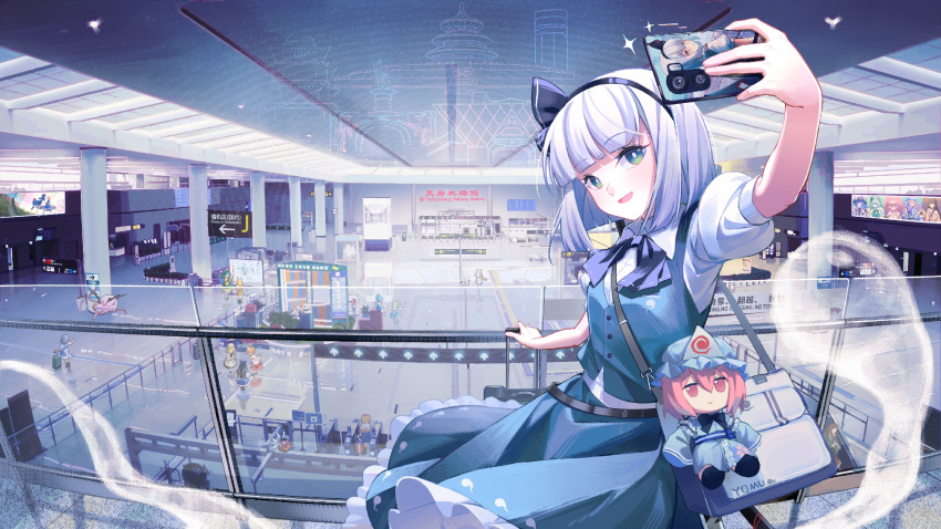 6+girls alice_margatroid bag bat_wings black_bow black_bowtie black_hairband blonde_hair blue_hair bow bowtie cellphone character_doll chinese_commentary cirno collared_shirt commentary_request daiyousei detached_wings doll fairy fairy_wings flying frilled_skirt frills fumo_(doll) futatsuiwa_mamizou green_eyes green_hair green_skirt green_vest grey_hair hairband haniyasushin_keiki highres hinanawi_tenshi hitodama hitodama_print holding holding_phone houraisan_kaguya ice ice_wings izayoi_sakuya joutouguu_mayumi konpaku_youmu konpaku_youmu_(ghost) luna_child maribel_hearn minuo multiple_girls open_mouth orange_hair phone print_skirt print_vest puffy_short_sleeves puffy_sleeves purple_hair remilia_scarlet rolling_suitcase saigyouji_yuyuko selfie shirt short_sleeves shoulder_bag skirt skirt_set smartphone smile solo_focus star_sapphire suitcase sukuna_shinmyoumaru sunny_milk touhou train_station usami_renko vest watari_nina white_shirt wings