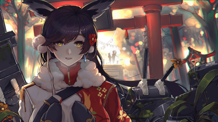 :d animal_ears atago_(azur_lane) azur_lane black_hair breasts extra_ears highres large_breasts long_hair looking_at_viewer mittens mole mole_under_eye open_mouth outdoors pandea_work smile solo teeth torii turret yellow_eyes