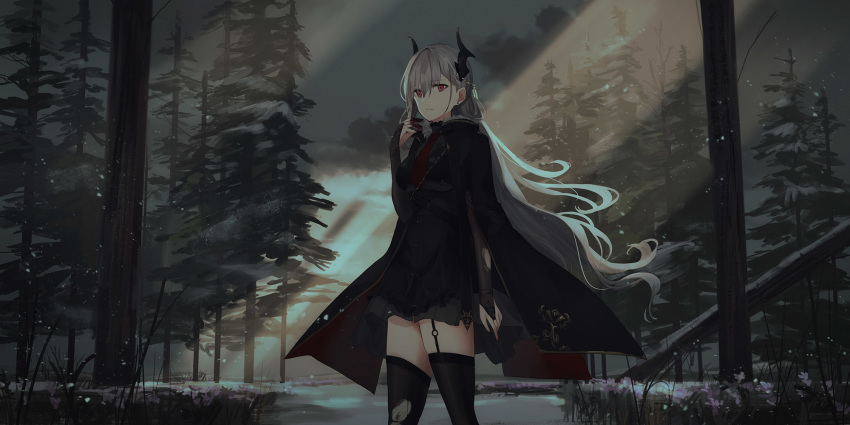 1girl bangs black_cape black_dress black_legwear bridal_gauntlets cape character_request chihuri closed_mouth cloud cloudy_sky commentary_request dress eyebrows_visible_through_hair forest garter_straps grey_hair hair_between_eyes hand_up highres horns long_hair moonlight nature night night_sky o-ring outdoors pixiv_fantasia pixiv_fantasia_last_saga red_eyes sky snow solo standing thighhighs torn_clothes torn_legwear tree very_long_hair