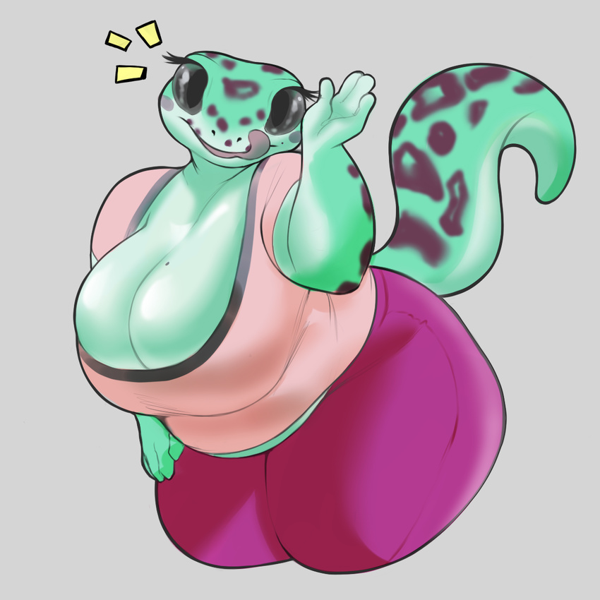 4_fingers anthro beauty_mark big_breasts big_butt biped breasts butt cleavage clothed clothing conditional_dnp digital_media_(artwork) eyelashes female grey_background grey_eyes huge_breasts leopard_gecko licking licking_lips lizard looking_at_viewer overweight reptile scalie shirt simple_background slightly_chubby slit_pupils solo thick_thighs tongue tongue_out voluptuous wide_hips xopachi