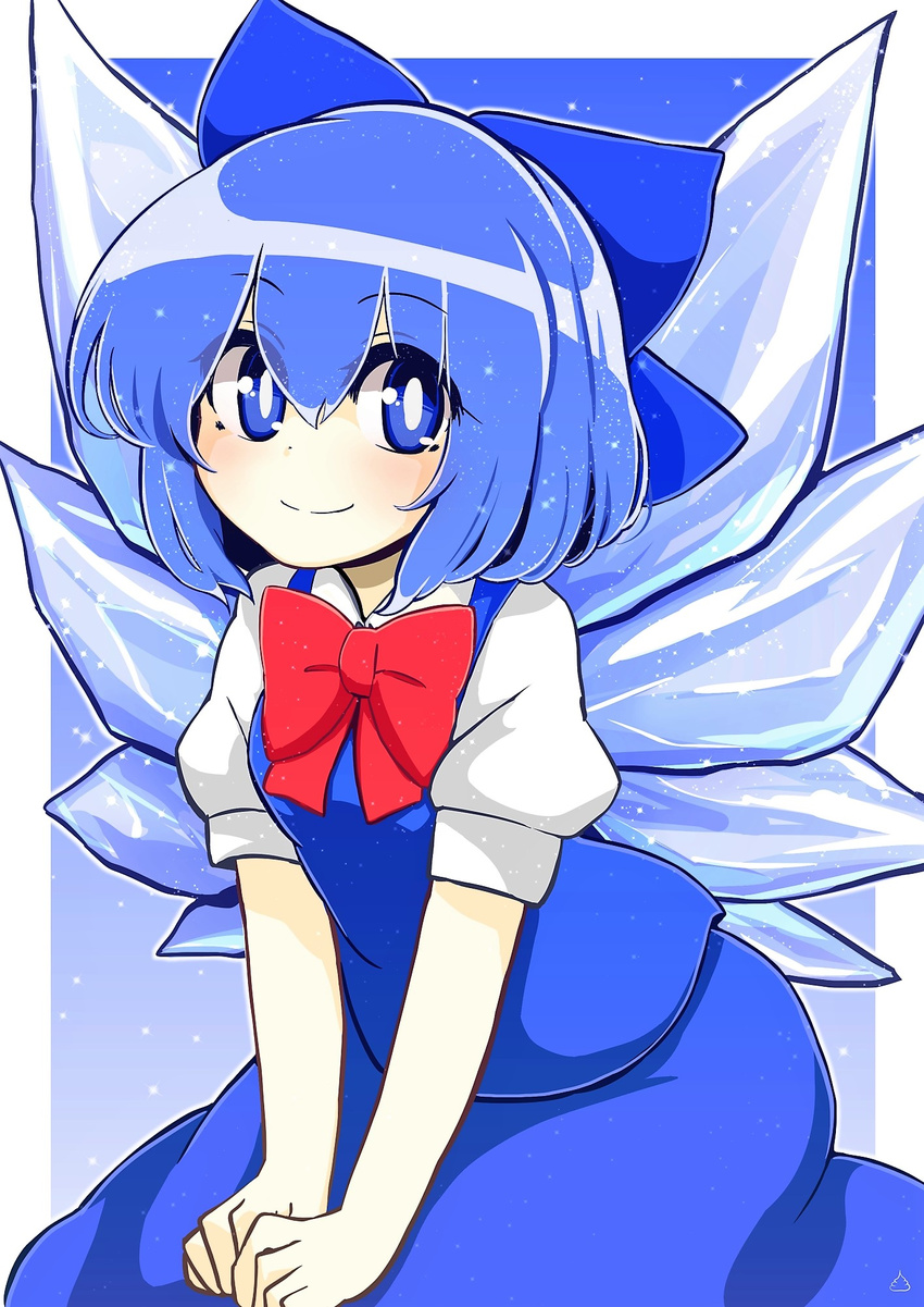 azumaya_toushirou blue_bow blue_eyes blue_hair blue_skirt bow bowtie cirno closed_mouth commentary_request eyebrows_visible_through_hair hair_bow highres ice ice_wings red_neckwear short_hair short_sleeves skirt smile solo touhou wings