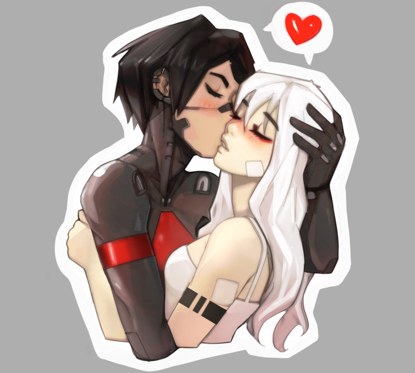 2girls android ariane_yeong bandaid bandaid_on_cheek bandaid_on_face black_hair blush closed_eyes commentary cropped_torso dress elster_(signalis) english_commentary grey_background hand_on_another's_head heart highres hug kiss kissing_cheek long_hair metal_skin moofworld multiple_girls outline parted_lips shared_speech_bubble short_hair signalis simple_background skin_seams speech_bubble spoken_heart upper_body white_dress white_hair white_outline yuri