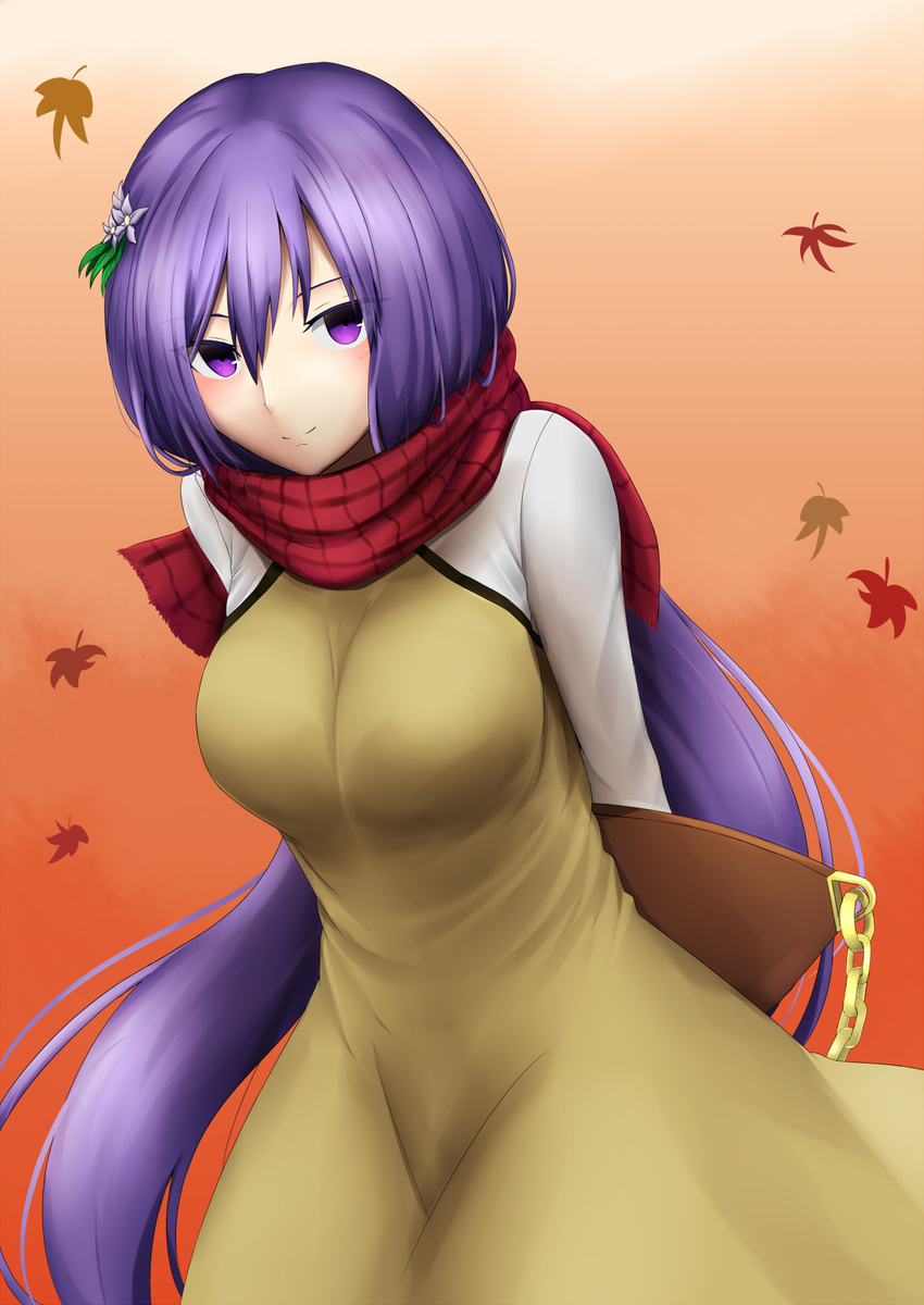 arms_behind_back biwa_lute blush breasts commentary_request dress eyebrows_visible_through_hair eyes_visible_through_hair flower gnlo hair_flower hair_ornament highres instrument large_breasts leaf leaning_forward long_hair long_sleeves looking_at_viewer lute_(instrument) petticoat purple_eyes purple_hair scarf short_dress simple_background smile solo touhou translation_request tsukumo_benben