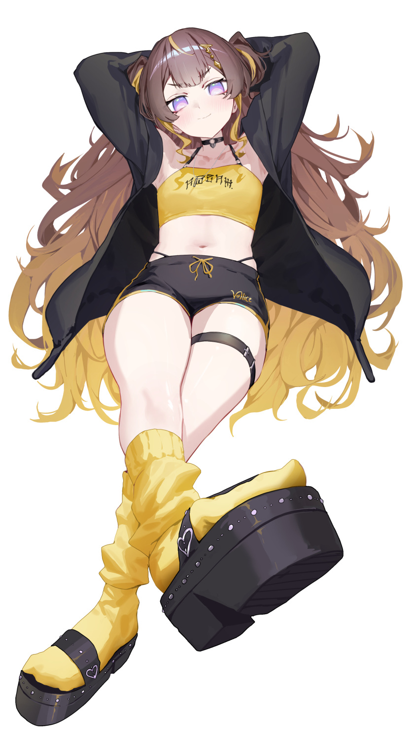 1girl absurdres anya_melfissa armpits arms_behind_head blonde_hair brown_hair choker commentary crop_top english_commentary flat_chest foreshortening full_body gradient_hair highres hololive hololive_indonesia jacket long_hair midriff multicolored_hair navel purple_eyes sandals second-party_source shorts simple_background smile socks solo thigh_strap very_long_hair virtual_youtuber white_background yoellim5