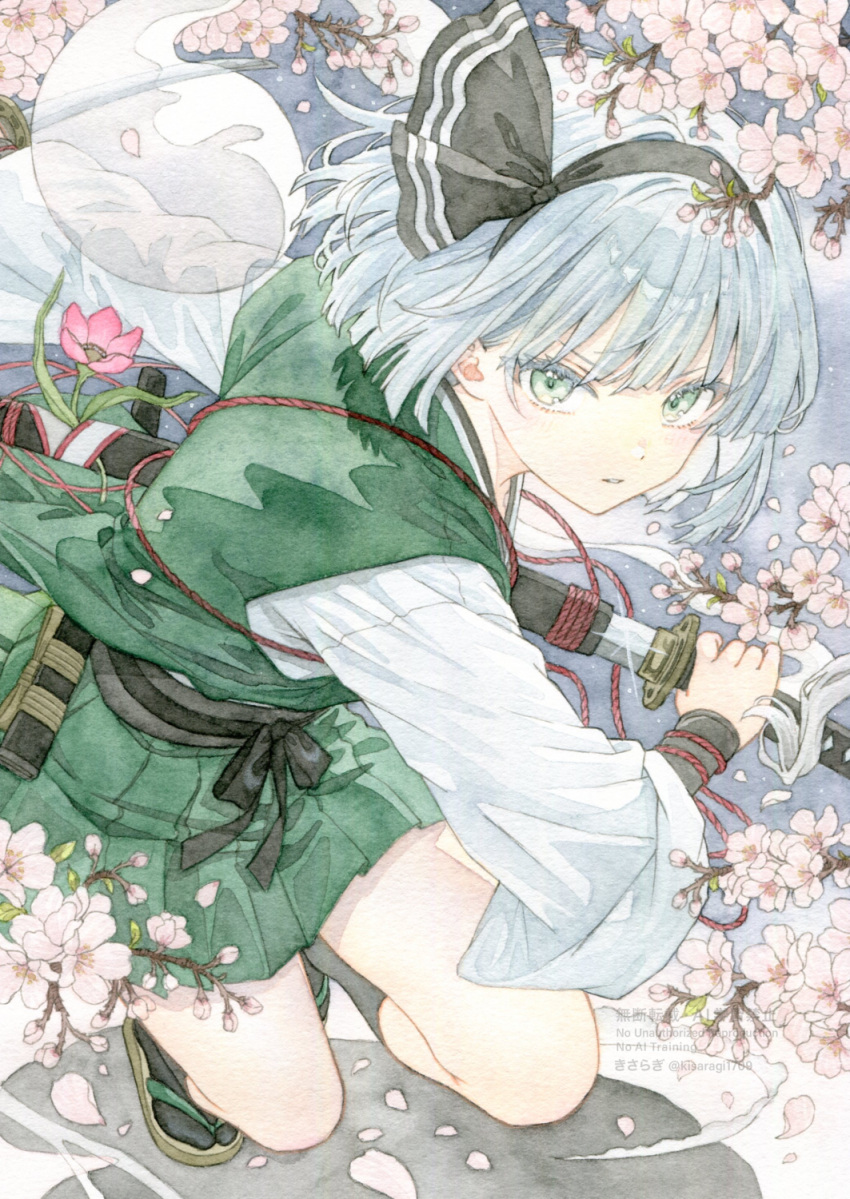 1girl black_hairband black_socks bow_hairband cherry_blossoms commentary_request fighting_stance flower glint green_eyes green_skirt green_vest grey_hair hairband highres hitodama holding holding_sword holding_weapon katana kisarush konpaku_youmu konpaku_youmu_(ghost) looking_at_viewer painting_(medium) pink_flower sandals sheath shirt short_hair skirt skirt_set socks solo sword tabi touhou traditional_media unsheathing vest watercolor_(medium) watermark weapon white_shirt zouri