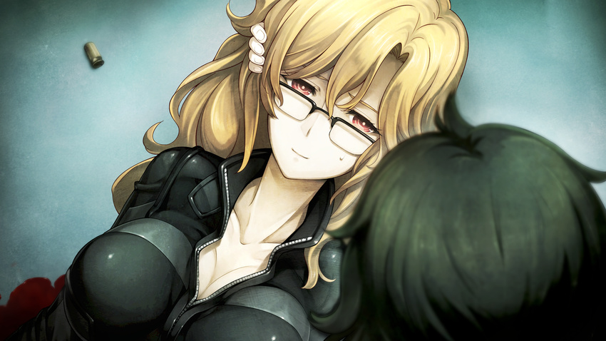 black-framed_eyewear black_hair blonde_hair blood breasts bullet cleavage collarbone from_above game_cg highres hiyajou_maho huke kiryuu_moeka large_breasts long_hair multiple_girls non-web_source partially_unzipped red_eyes semi-rimless_eyewear smile spoilers steins;gate steins;gate_0 sweatdrop