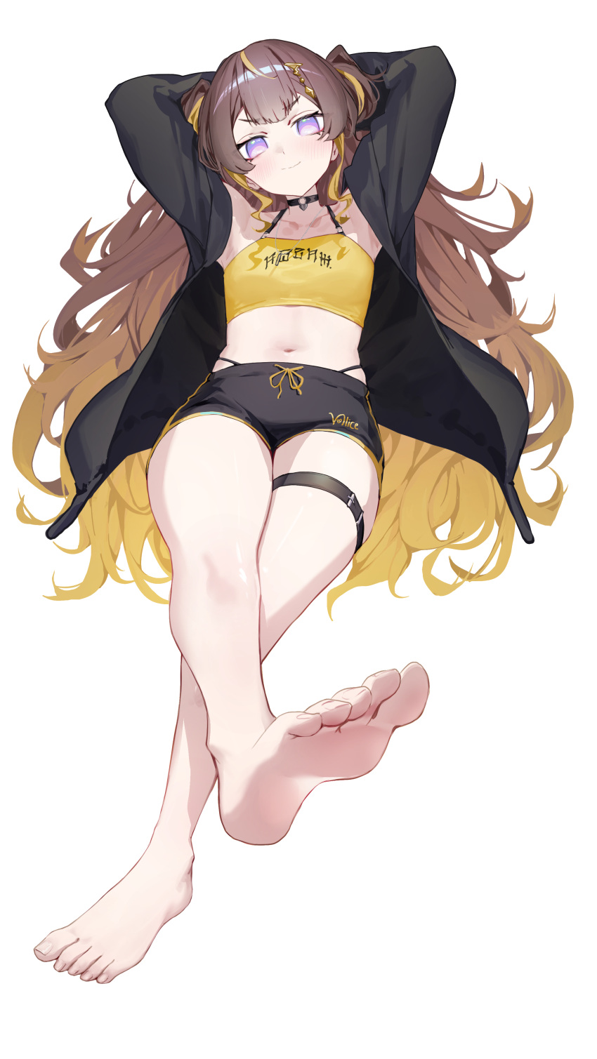 1girl absurdres anya_melfissa armpits arms_behind_head barefoot blonde_hair brown_hair choker crop_top feet flat_chest foreshortening full_body gradient_hair highres hololive hololive_indonesia jacket long_hair midriff multicolored_hair navel purple_eyes second-party_source shorts simple_background smile solo thigh_strap toes very_long_hair virtual_youtuber white_background yoellim5