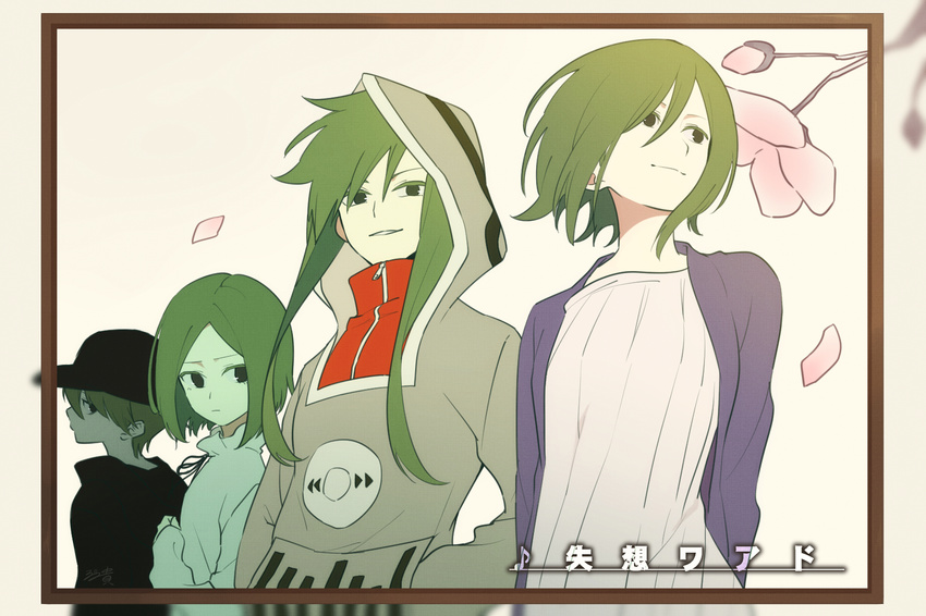 black_eyes child flower green_hair hat highres hood hoodie kagerou_project kido_tsubomi long_hair multiple_persona older petals rozu_ki shissou_word_(vocaloid) short_hair song_name