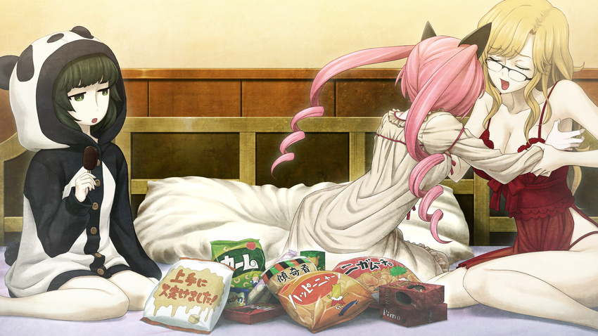 akiha_rumiho animal_costume animal_ears bed_sheet black-framed_eyewear blonde_hair breasts cat_ears cleavage closed_eyes collarbone dress eyebrows_visible_through_hair food game_cg green_eyes green_hair grey_dress highres hiyajou_maho holding holding_food huke ice_cream indoors kiryuu_moeka large_breasts lingerie long_hair multiple_girls negligee non-web_source official_art open_mouth panda_costume panda_hood panties pants pillow pink_hair red_pants sitting steins;gate twintails underwear