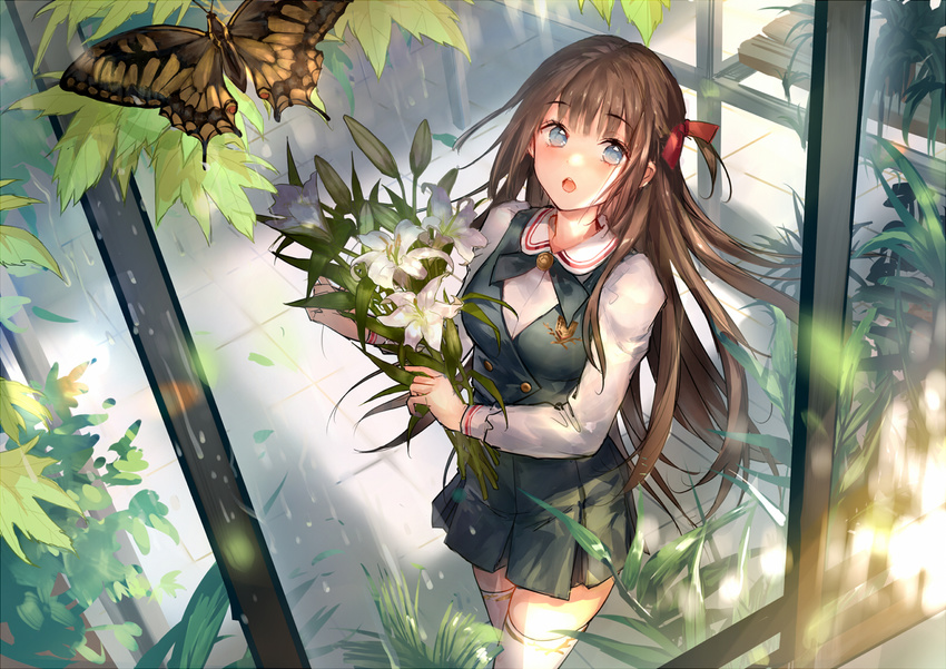 :o bangs blue_eyes brooch brown_hair bug butterfly eyebrows_visible_through_hair floating_hair flower from_above from_outside hair_between_eyes hair_ribbon highres holding holding_flower insect jewelry liiko lily_(flower) long_hair long_sleeves miniskirt open_mouth original plant pleated_skirt rain red_ribbon ribbon shirt skirt solo standing thighhighs very_long_hair vest white_flower white_legwear white_shirt window zettai_ryouiki