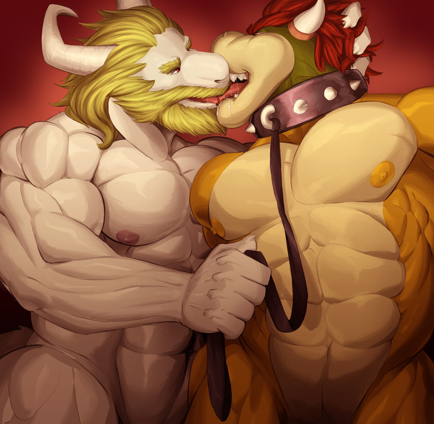 2017 5_fingers abs anthro areola asgore_dreemurr beard biceps blonde_hair boss_monster bowser caprine claws collar dripping duo eye_contact eyebrows facial_hair french_kissing front_view green_skin guzreuef hair hand_on_head hi_res holding_object horn humanoid_hands kissing koopa leash looking_at_another looking_at_partner looking_down looking_up male male/male mammal mario_bros multicolored_skin muscular muscular_arms muscular_legs muscular_male nintendo nipples nude open_mouth pecs pink_nipples pink_tongue red_background red_eyes red_hair reptile saliva scalie sharp_teeth simple_background snout spiked_collar spikes standing tan_skin teeth thick_thighs tongue tongue_out turtle undertale video_games white_claws white_horn white_skin white_tail yellow_nipples yellow_skin