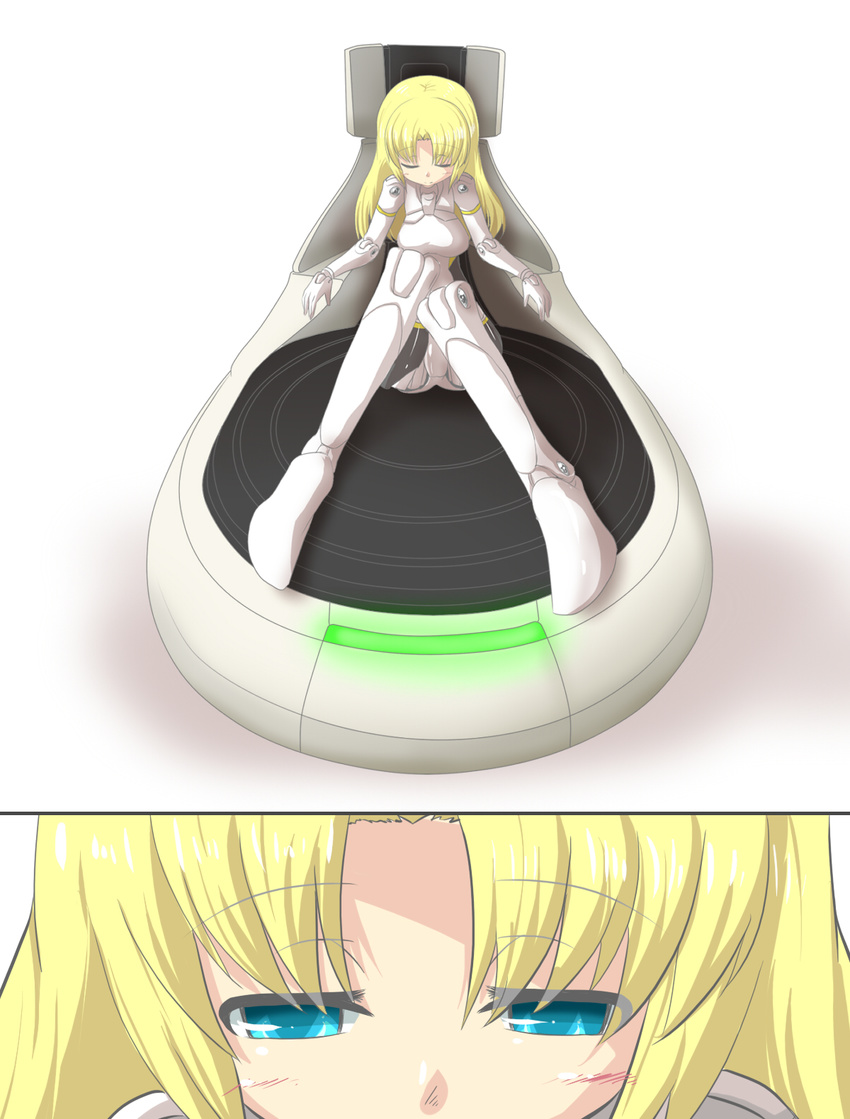 2koma arnval bangs blonde_hair blue_eyes busou_shinki closed_eyes comic commentary_request doll_joints eyebrows_visible_through_hair goma_(gomasamune) highres long_hair opening_eyes parted_bangs shadow sitting