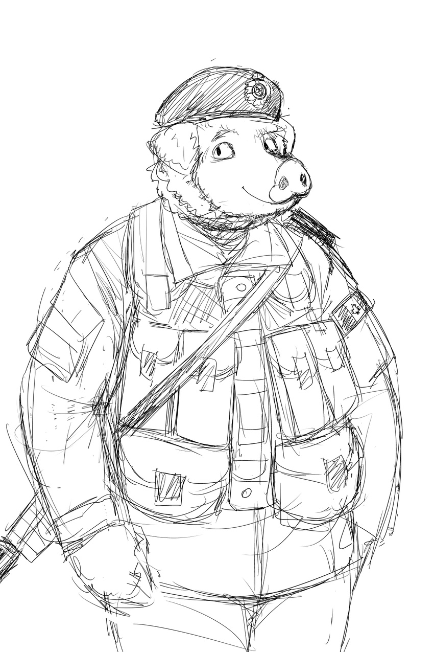 anthro beret black_and_white canadian gun hat hladilnik male mammal military monochrome pig porcine pouch ranged_weapon rifle slightly_chubby smile solo weapon