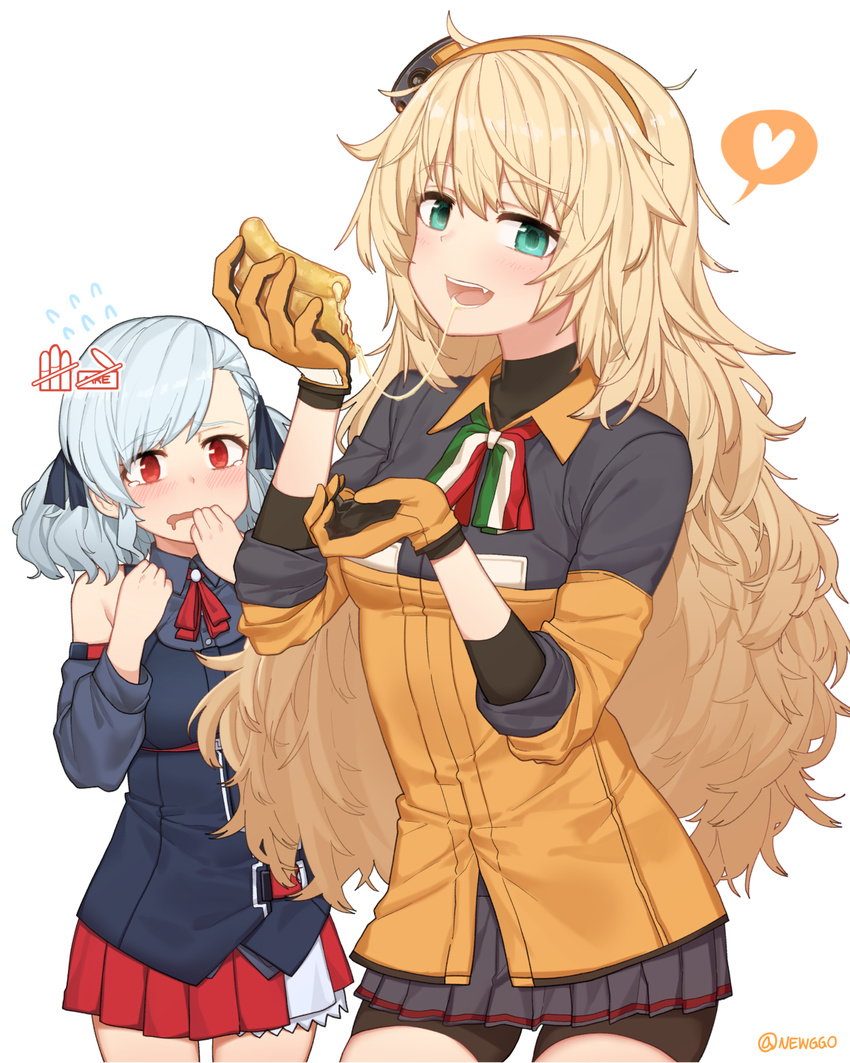 blonde_hair blue_eyes commentary cowboy_shot detached_sleeves drooling flying_sweatdrops food funako_(newggo) girls_frontline gloves hairband hat heart highres italian_flag italy long_hair looking_at_viewer multiple_girls orange_hairband red_eyes s.a.t.8_(girls_frontline) silver_hair skirt spas-12_(girls_frontline) spoken_heart