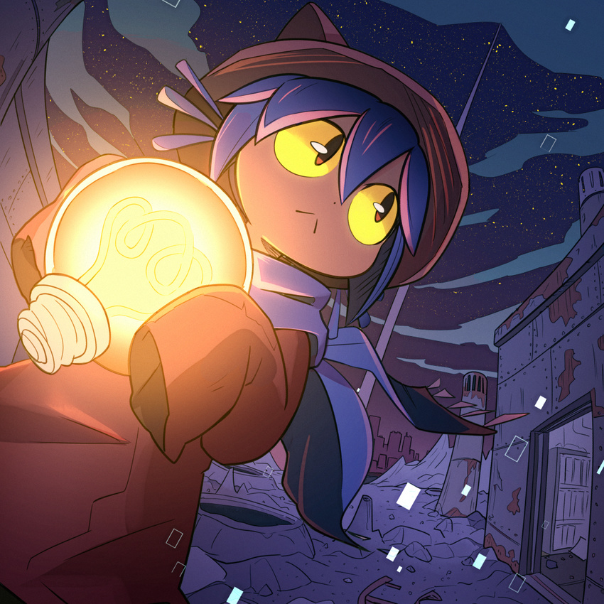 animal_hat brown_eyes brown_hat building cat_hat closed_mouth fisheye glowing hair_between_eyes hat holding houten_(dre_a_mer) light_bulb looking_back night night_sky niko_(oneshot) oneshot_(game) outdoors purple_hair rust scarf short_hair sky sleeves_past_wrists solo standing star_(sky) starry_sky yellow_sclera