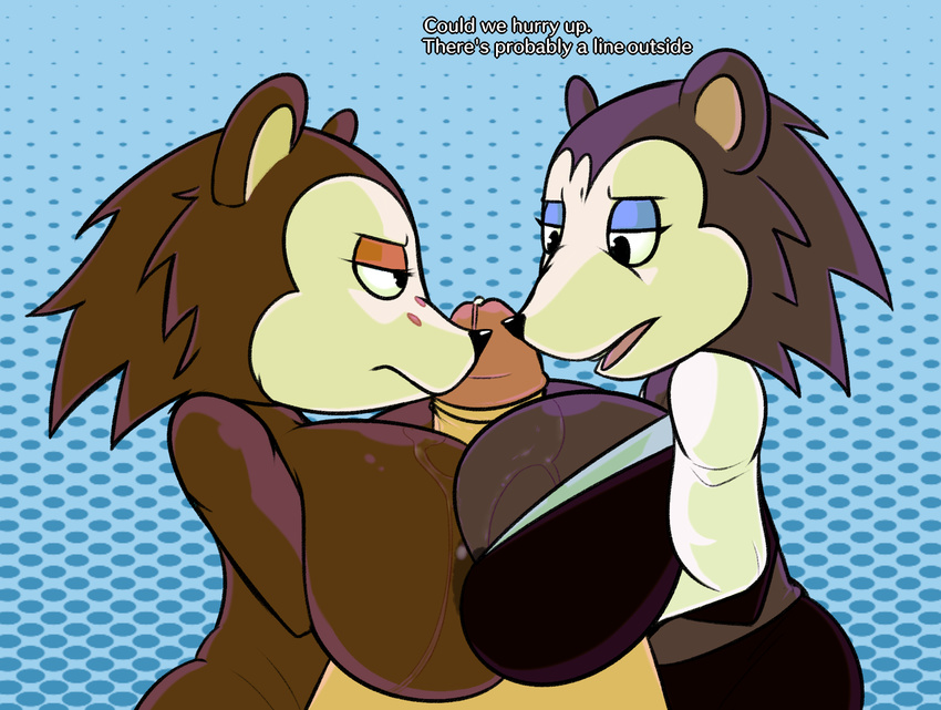 2017 animal_crossing anthro areola big_breasts breast_squish breasts brown_fur clothed clothing digital_media_(artwork) double_titfuck english_text female freepancakes fur group group_sex half-closed_eyes hedgehog labelle_able makeup male male/female mammal nintendo nude open_mouth penis precum purple_fur rodent sable_able sex text threesome tight_clothing titfuck video_games