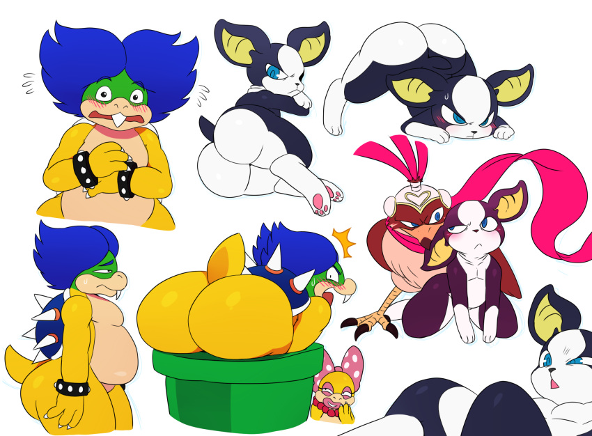 anthro armor avian big_butt bird blue_eyes boston_terrier butt canid canine canis domestic_dog falcon female helmet iggy_(jjba) jojo's_bizarre_adventure koopa koopaling ludwig_von_koopa male mammal mario_bros nintendo pet_shop_(jjba) scalie simple_background sssonic2 terrier video_games warp_pipe wendy_o_koopa white_background yellow_skin