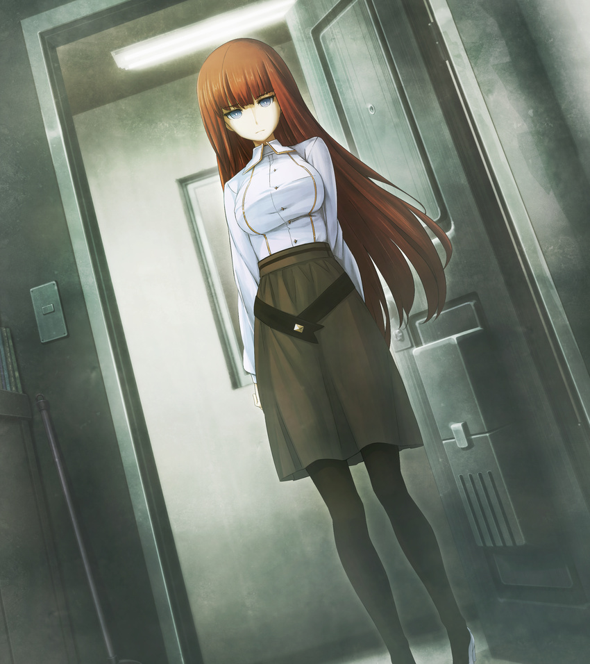 arm_behind_back black_legwear blue_eyes brown_hair brown_skirt dutch_angle eyebrows_visible_through_hair floating_hair game_cg high_heels highres huke indoors long_hair looking_down non-web_source official_art pantyhose shiina_kagari shirt skirt solo standing steins;gate steins;gate_0 very_long_hair white_footwear white_shirt