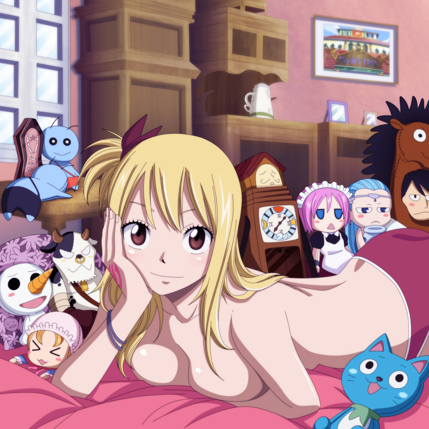 1girl animal aquarius_(fairy_tail) arm_support black_eyes black_hair blonde_hair blue_eyes blue_hair blush breasts brown_eyes cat chibi fairy_tail female gemini_(fairy_tail) hair_bow hair_ribbon happy_(fairy_tail) large_breasts long_hair lucy_heartfilia lyra_(fairy_tail) maid maid_headdress no_bra open_mouth panties pink_hair plue purple_ribbon sagittarius_(fairy_tail) smile solo stuffed_animal tattoo taurus_(fairy_tail) toy underwear virgo_(fairy_tail) zodiac