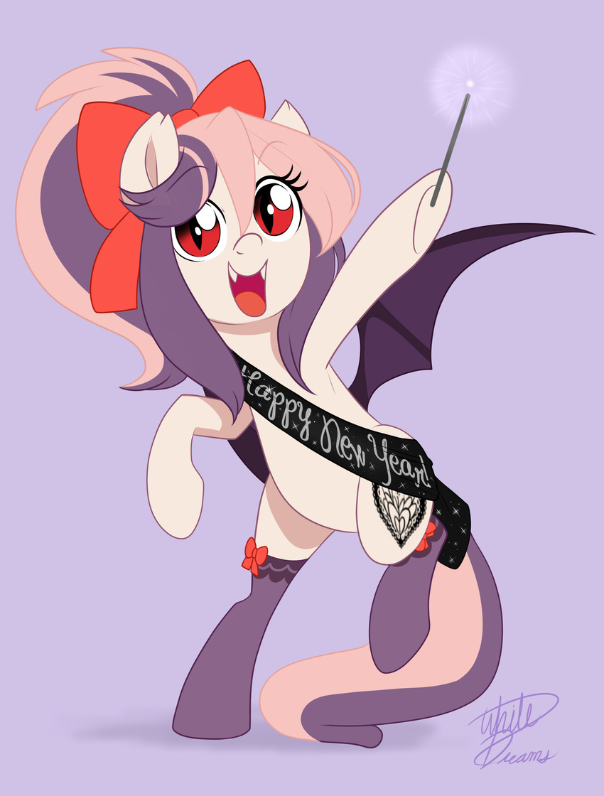 ! 2017 bat_pony bow clothing cute cutie_mark eyelashes fan_character fangs female hair hi_res holding_object holidays legwear looking_at_viewer makeup mascara mostly_nude multicolored_hair my_little_pony new_year open_mouth ponytail pose purple_background red_eyes ribbons sash shadow signature simple_background slit_pupils smile solo sparkler sparkles stockings sweet_velvet text tongue two_tone_hair wings xwhitedreamsx