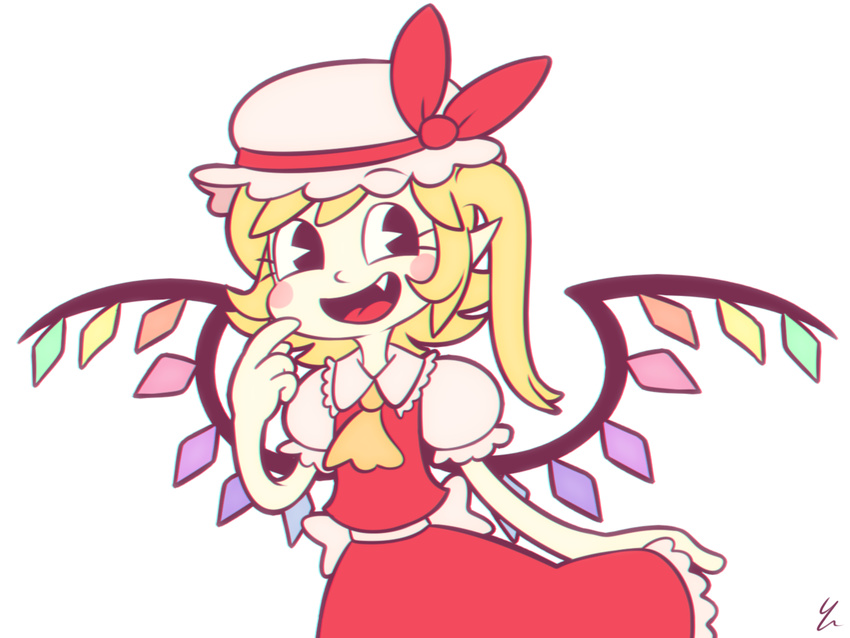 30s ascot bare_arms black_eyes blonde_hair blush_stickers cartoonized commentary crystal cuphead_(game) english_commentary fang finger_to_mouth flandre_scarlet frilled_shirt_collar frilled_sleeves frills hand_up hat hat_ribbon looking_to_the_side medium_hair mob_cap oldschool open_mouth pac-man_eyes parody pointy_ears puffy_short_sleeves puffy_sleeves red_ribbon red_skirt red_vest ribbon short_sleeves side_ponytail simple_background skirt skirt_set smile solo style_parody touhou upper_body vest white_background wings yatsunote yellow_neckwear