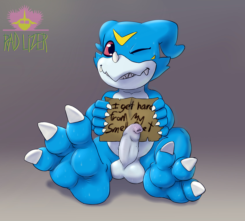 2017 balls claws digimon dragon english_text erection foot_focus foreskin humanoid_penis long_foreskin looking_at_viewer male one_eye_closed penis rad-lizer scalie sign simple_background smile solo text uncut veemon wink