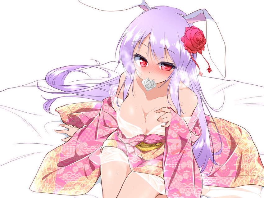 alternate_costume animal_ears blush breasts bunny_ears cleavage commentary_request condom condom_in_mouth flower hachi_(chihagura) hair_flower hair_ornament highres japanese_clothes kimono large_breasts long_hair looking_at_viewer mouth_hold purple_hair red_eyes reisen_udongein_inaba simple_background sitting solo touhou