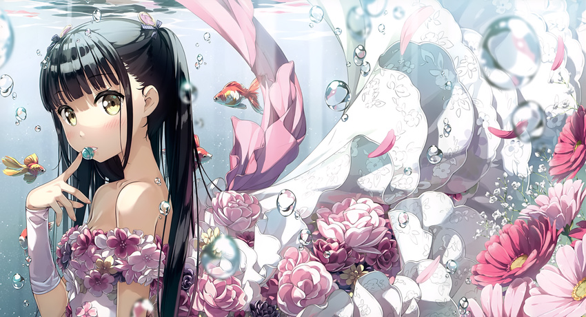 5_nenme_no_houkago animal black_hair blush bubbles cropped fish flowers kantoku long_hair petals twintails underwater water yellow_eyes