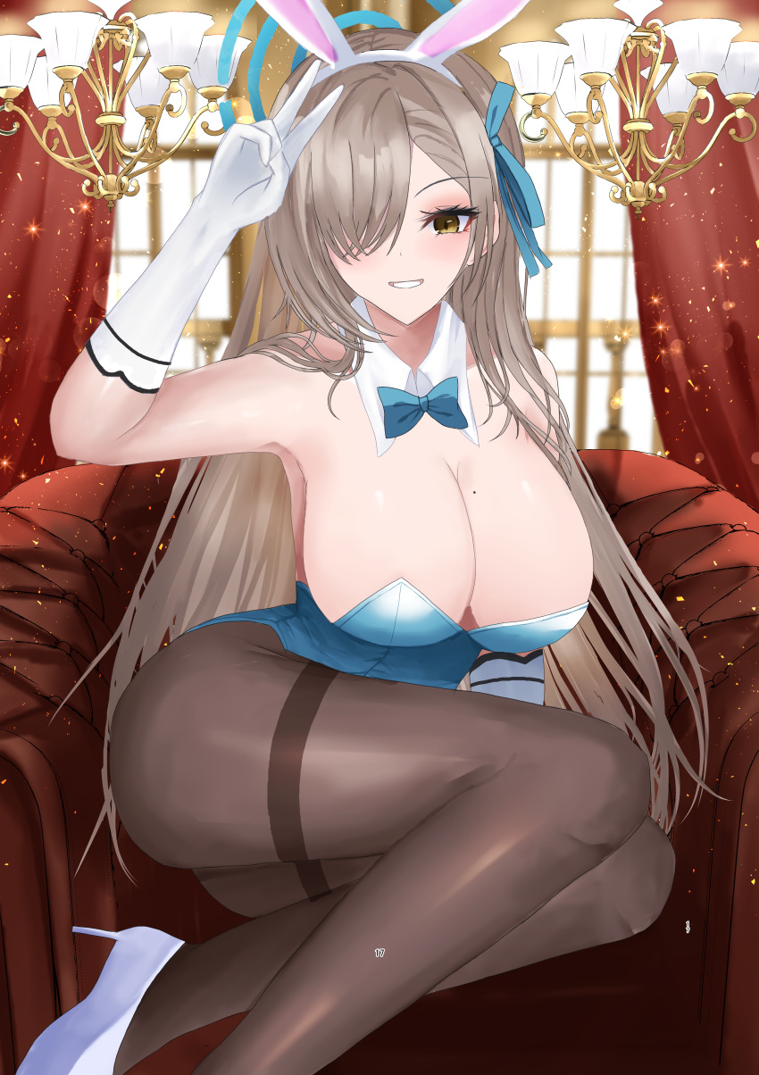 1girl absurdres animal_ears ass asuna_(blue_archive) asuna_(bunny)_(blue_archive) blue_archive blue_bow blue_bowtie blue_halo blue_leotard bow bowtie breasts brown_hair cleavage commentary detached_collar fake_animal_ears foot_out_of_frame gloves hair_over_one_eye halo high_heels highleg highleg_leotard highres huge_breasts indoors leotard looking_at_viewer mole mole_on_breast official_alternate_costume pantyhose playboy_bunny rabbit_ears rei_tuki shoes strapless strapless_leotard thighband_pantyhose traditional_bowtie v white_gloves white_shoes yellow_eyes