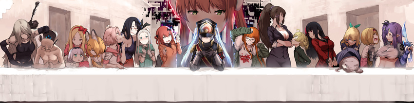 3boys 6+girls :o @_@ absurdres ahoge altair_(re:creators) alternate_hair_length alternate_hairstyle anger_vein animal_ears arms_behind_back astolfo_(fate) bangs bare_shoulders bat_hair_ornament bent_over black-framed_eyewear black_bow black_gloves black_hair black_jacket black_leotard black_shorts black_skirt blend_s blonde_hair blue_eyes blue_hair blue_jacket blunt_bangs blush bow breasts bright_pupils brown_eyes brown_hair business_suit chabashira_sae chair cleavage closed_eyes closed_mouth clothes_writing collared_shirt commentary covering crossed_arms d: demi-chan_wa_kataritai digital_dissolve djeeta_(granblue_fantasy) doki_doki_literature_club elbow_gloves epaulettes eromanga_sensei eye_contact eyebrows_visible_through_hair fang fate/apocrypha fate_(series) fine_art_parody flat_chest formal fur_trim gabriel_dropout garter_straps gauntlets glasses gloves granblue_fantasy green_eyes green_jacket green_shirt grey_eyes grey_gloves grin hair_between_eyes hair_bow hair_ornament hairband hand_up hat hews_hack hexagram highres holding holding_weapon horns hug hug_from_behind interlocked_fingers inuyashiki inuyashiki_ichirou jabami_yumeko jacket kakegurui kanna_kamui kanzaki_hideri kemono_friends knife kobayashi-san_chi_no_maidragon kurumizawa_satanichia_mcdowell large_breasts leotard leviathan_(the_seven_deadly_sins) little_witch_academia long_hair long_image long_sleeves long_table looking_at_another looking_at_viewer looking_up military military_uniform mole mole_under_eye monika_(doki_doki_literature_club) multiple_boys multiple_girls neckerchief nier_(series) nier_automata off_shoulder old_man one_side_up open_clothes open_jacket open_mouth orange_gloves orange_hair orange_sweater otoko_no_ko own_hands_together parody parted_bangs parted_lips peaked_cap pencil_skirt persona persona_5 petting pink_eyes pink_hair pink_neckwear pink_sailor_collar pointy_ears ponytail puffy_short_sleeves puffy_sleeves pulled_by_another purple_eyes purple_hair purple_shirt re:creators red-framed_eyewear red_bow red_eyes red_hair red_jacket rokudenashi_majutsu_koushi_to_akashic_record rumia_tingel sailor_collar sakura_futaba satou_sakie school_uniform semi-rimless_eyewear serafuku serval_(kemono_friends) serval_ears shirt shirt_pull short_hair short_shorts short_sleeves shorts shoulder_armor sitting skirt sleeveless sleeveless_shirt smile sparkle spaulders standing star_of_david stile_uniform sucy_manbavaran suit sweat sweatdrop sweater sword table tanya_degurechaff the_last_supper the_seven_deadly_sins tied_hair twintails under-rim_eyewear underboob uniform vambraces very_long_hair wavy_mouth weapon wide_image wing_collar yamada_elf year_connection yorha_type_a_no._2 youjo_senki youkoso_jitsuryoku_shijou_shugi_no_kyoushitsu_e