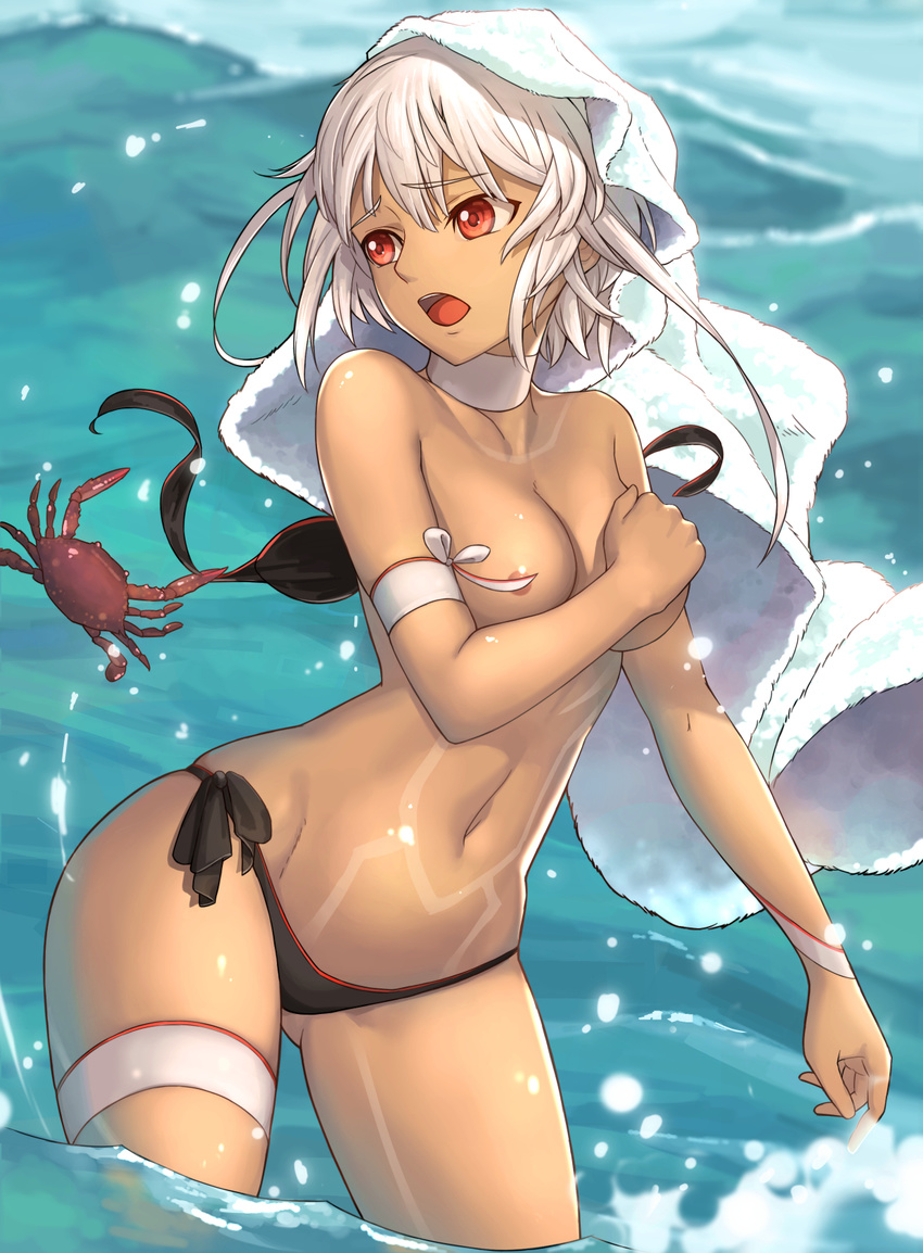 altera_(fate) animal areola_slip areolae ass_visible_through_thighs assisted_exposure bangs bikini bikini_top_removed black_bikini blurry breasts choker clothes_theft commentary_request convenient_censoring covering covering_one_breast crab depth_of_field embarrassed eyebrows_visible_through_hair fate/grand_order fate_(series) full_body_tattoo highres legs_apart looking_back medium_breasts medium_hair navel open_mouth outdoors red_eyes short_hair side-tie_bikini solo standing swimsuit swimsuit_theft tattoo theft topless towel towel_on_head tsuki_suigetsu wading water white_choker white_hair white_towel