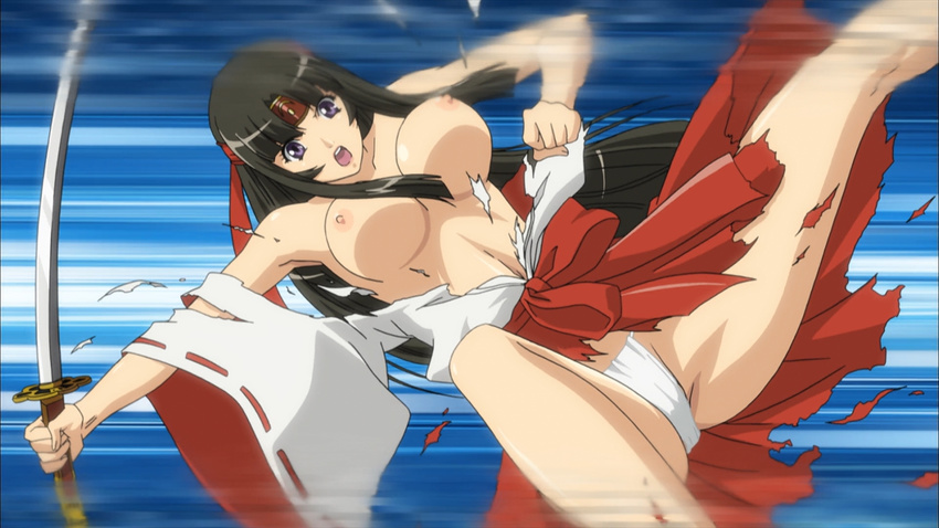 black_hair blush breasts large_breasts nipples open_mouth panties purple_eyes queen's_blade tomoe torn_clothes underwear
