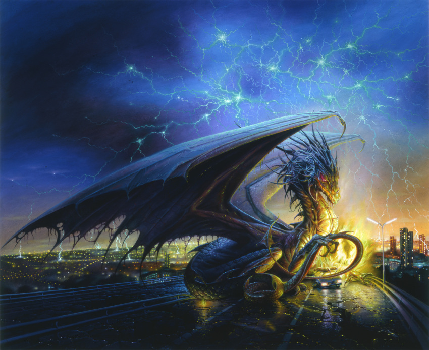 1998 absurd_res ambiguous_gender book_cover building car city claws cloud cover destruction dragon electricity feral hi_res jon_sullivan lamp lightning looking_down membrane_(anatomy) membranous_wings mythological_creature mythological_scalie mythology night on_car outside road scalie sitting solo tail traditional_media_(artwork) vehicle wings