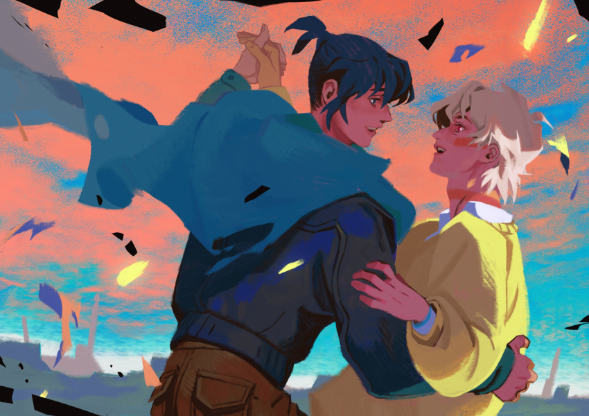 2boys absurdres black_hair blue_hair collared_shirt commentary dancing debris destruction facial_mark highres holding_hands jacket looking_at_another male_focus multiple_boys nezumi_(no.6) no.6 open_mouth outdoors pants ponytail red_eyes rubble ruins sara_deek scarf scenery shion_(no.6) shirt short_hair short_ponytail sweater untranslatable_commentary white_hair white_shirt yaoi yellow_sweater