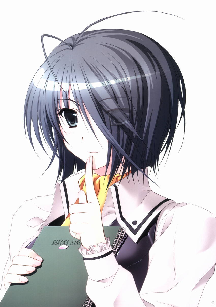 absurdres bangs black_eyes black_hair closed_mouth detached_sleeves eyebrows_visible_through_hair fingernails hair_between_eyes hair_over_one_eye highres holding kasukabe_akira kirishima_sakura long_sleeves looking_at_viewer notebook official_art page_number petals sakura_sakura scan school_uniform short_hair simple_background smile solo upper_body white_background