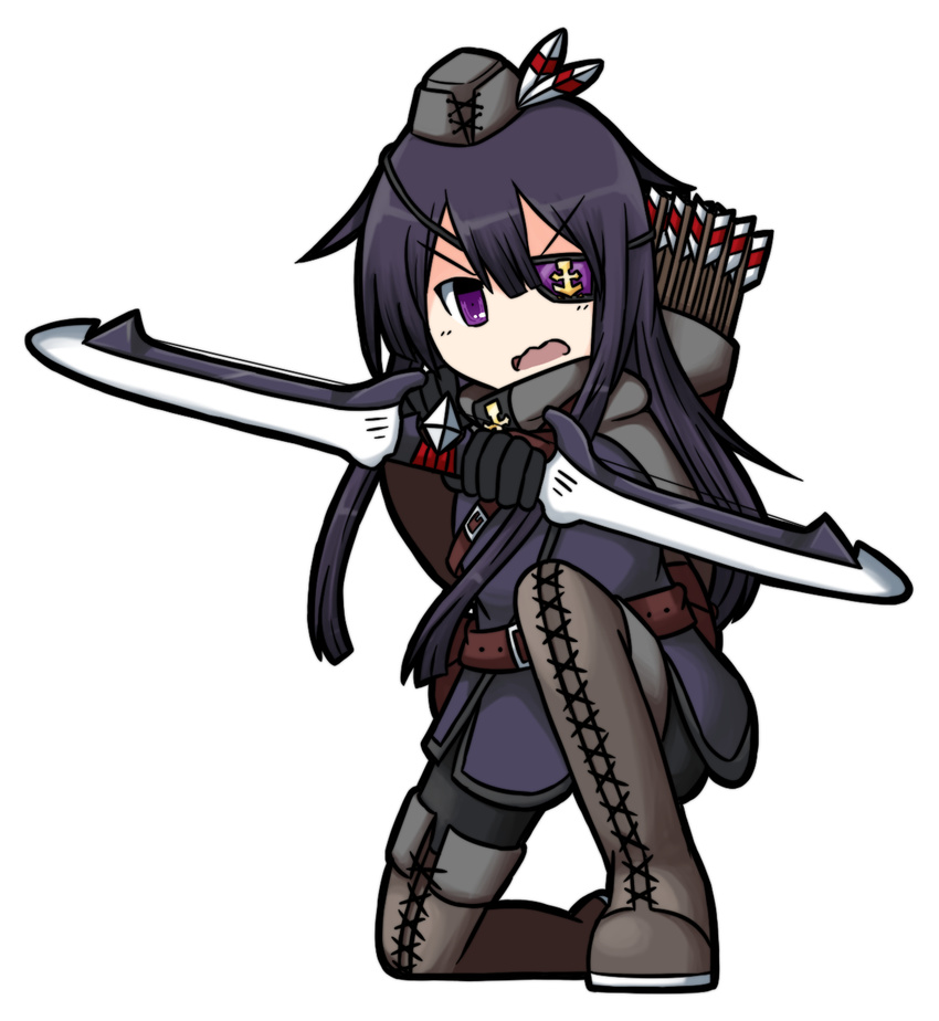 akatsuki_(kantai_collection) archery arrow bangs boots bow_(weapon) cross-laced_footwear dungeons_and_dragons eyebrows_visible_through_hair eyepatch full_body grey_footwear grey_hat grey_legwear hair_between_eyes hat hat_feather highres holding holding_bow_(weapon) holding_weapon kantai_collection lace-up_boots long_hair looking_at_viewer mini_hat one_knee open_mouth purple_eyes purple_hair quiver ranger raythalosm simple_background thigh_boots thighhighs v-shaped_eyebrows very_long_hair wavy_mouth weapon white_background