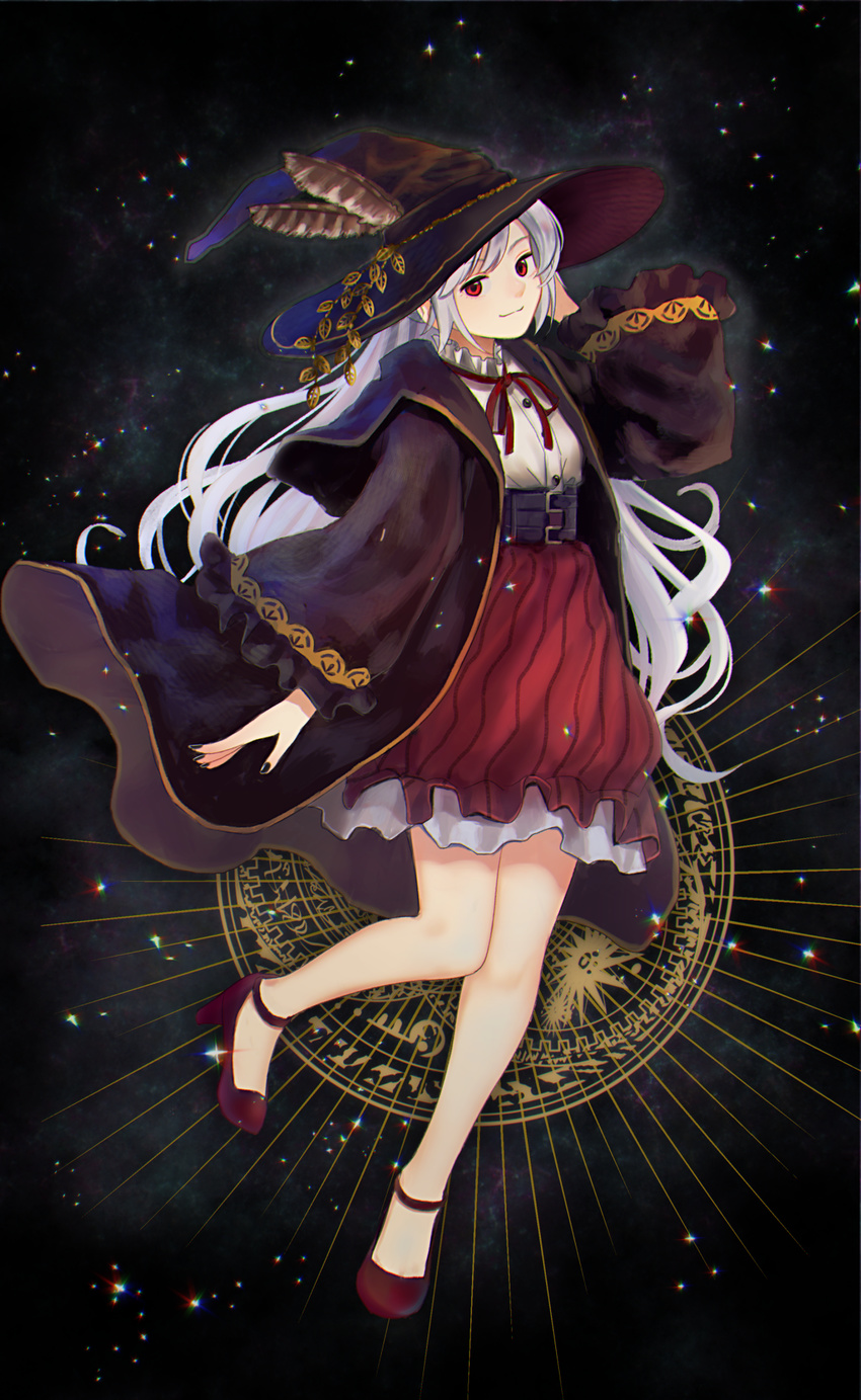 arm_at_side bangs bare_legs black_hat black_jacket black_nails buckle buttons closed_mouth feathers frilled_sleeves frills full_body hand_in_hair hand_up hat hat_feather high-waist_skirt highres jacket leg_up long_hair long_sleeves nail_polish nashigaya_koyomi neck_ribbon no_socks open_clothes open_jacket original red_eyes red_ribbon red_skirt ribbon shirt simple_background skirt smile solo sparkle standing standing_on_one_leg strappy_heels striped swept_bangs vertical-striped_skirt vertical_stripes very_long_hair white_shirt wide_sleeves witch
