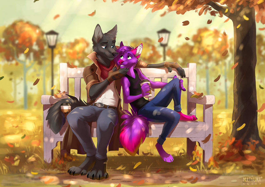 2017 anthro autumn black_nose canine clothed clothing detailed_background digital_media_(artwork) female fur hair leaves male mammal multyashka-sweet outside tree wolf