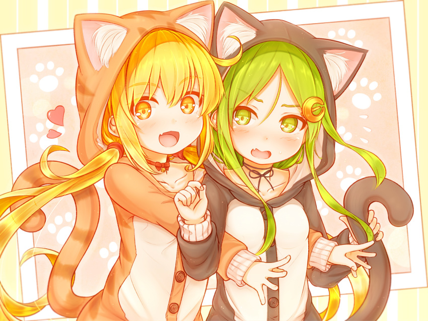 ahoge animal_costume bell blonde_hair cat_costume cat_paws crescent crescent_hair_ornament green_eyes green_hair hair_ornament heart highres hug hug_from_behind jewelry jingle_bell long_hair nagatsuki_(kantai_collection) necklace paws satsuki_(kantai_collection) suzushiro_(gripen39) twintails yellow_eyes