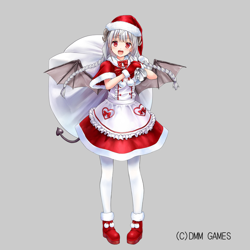:d absurdres apron bangs black_wings blush boots braid capelet center_frills character_request collared_shirt commentary_request demon_girl demon_horns demon_tail demon_wings eyebrows_visible_through_hair frilled_apron frills full_body fur-trimmed_boots fur-trimmed_capelet fur-trimmed_mittens fur_trim grey_background hat highres holding holding_sack horns long_hair looking_at_viewer low_twintails mittens official_art okiru open_mouth pantyhose pocket pom_pom_(clothes) rebless red_capelet red_eyes red_footwear red_mittens red_skirt sack santa_boots santa_costume santa_hat shirt silver_hair simple_background skirt smile solo standing tail twin_braids twintails very_long_hair waist_apron white_apron white_legwear white_shirt wings