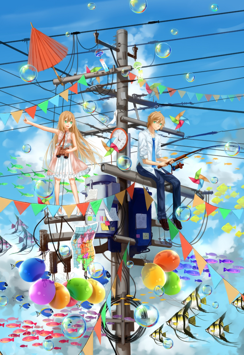 1girl balloon binoculars blue_neckwear blush brown_hair bubble clock closed_mouth cloud cloudy_sky colorful day eyebrows_visible_through_hair fish fishing fishing_rod green_eyes highres holding holding_binoculars holding_fishing_rod long_hair looking_at_another map necktie open_mouth oriental_umbrella original outdoors pinwheel power_lines short_hair sitting sky smile umbrella ze_xia