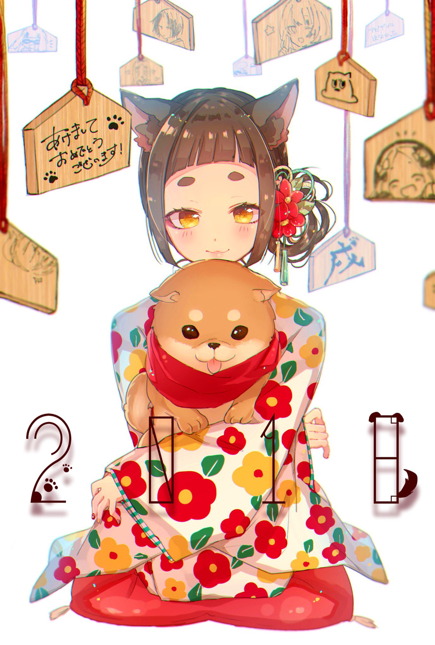 2018 :3 animal animal_ears animal_hug bangs blush brown_hair chinese_zodiac commentary_request cushion dog dog_ears ema fingernails floral_print flower hair_flower hair_ornament highres japanese_clothes kimono long_sleeves looking_at_viewer multicolored multicolored_nails nail_polish original print_kimono red_flower red_nails seiza simple_background sitting smile sofra solo thick_eyebrows white_background white_kimono wide_sleeves year_of_the_dog yellow_eyes yellow_nails zabuton