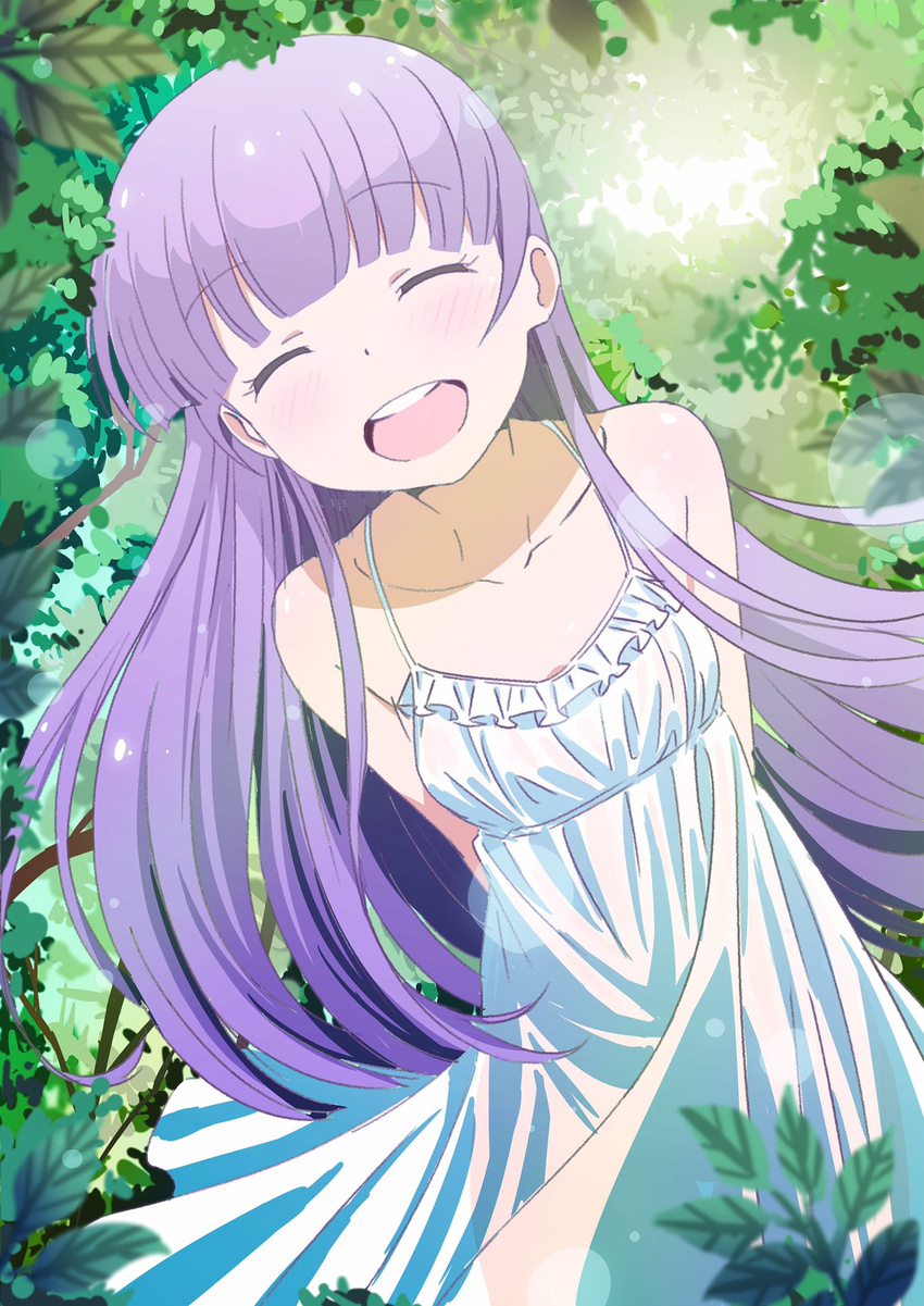 arms_behind_back closed_eyes collarbone day dress eyebrows_visible_through_hair floating_hair forest hair_between_eyes highres leaning_to_the_side lens_flare long_hair nature new_game! open_mouth outdoors pink_x purple_hair sleeveless sleeveless_dress smile solo standing sundress suzukaze_aoba very_long_hair white_dress